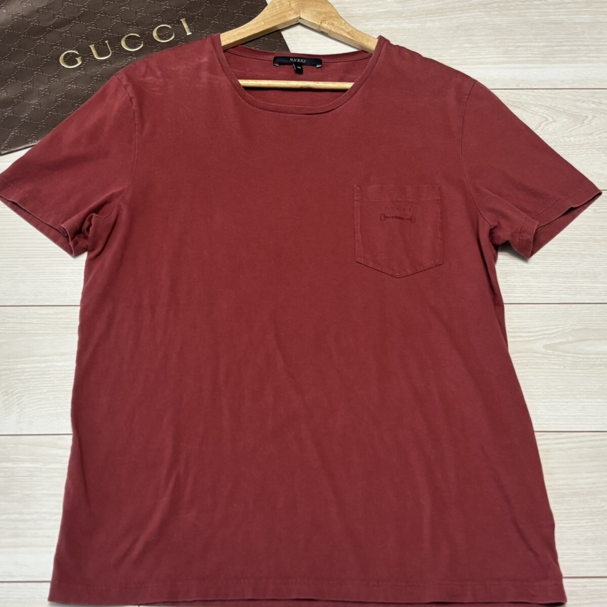 極美品/Mサイズ●グッチ GUCCI 半袖Tシャツ コットン 胸ロゴプリント ボルドー サマー 夏 メンズ トップス 