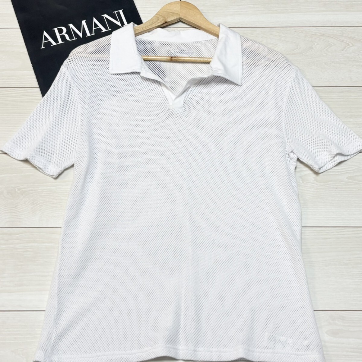 美品/Lサイズ●EMPORIO ARMANI エンポリオアルマーニ 半袖Tシャツ 背面ロゴ メッシュ ホワイト 白 メンズ トップス 夏 サマー