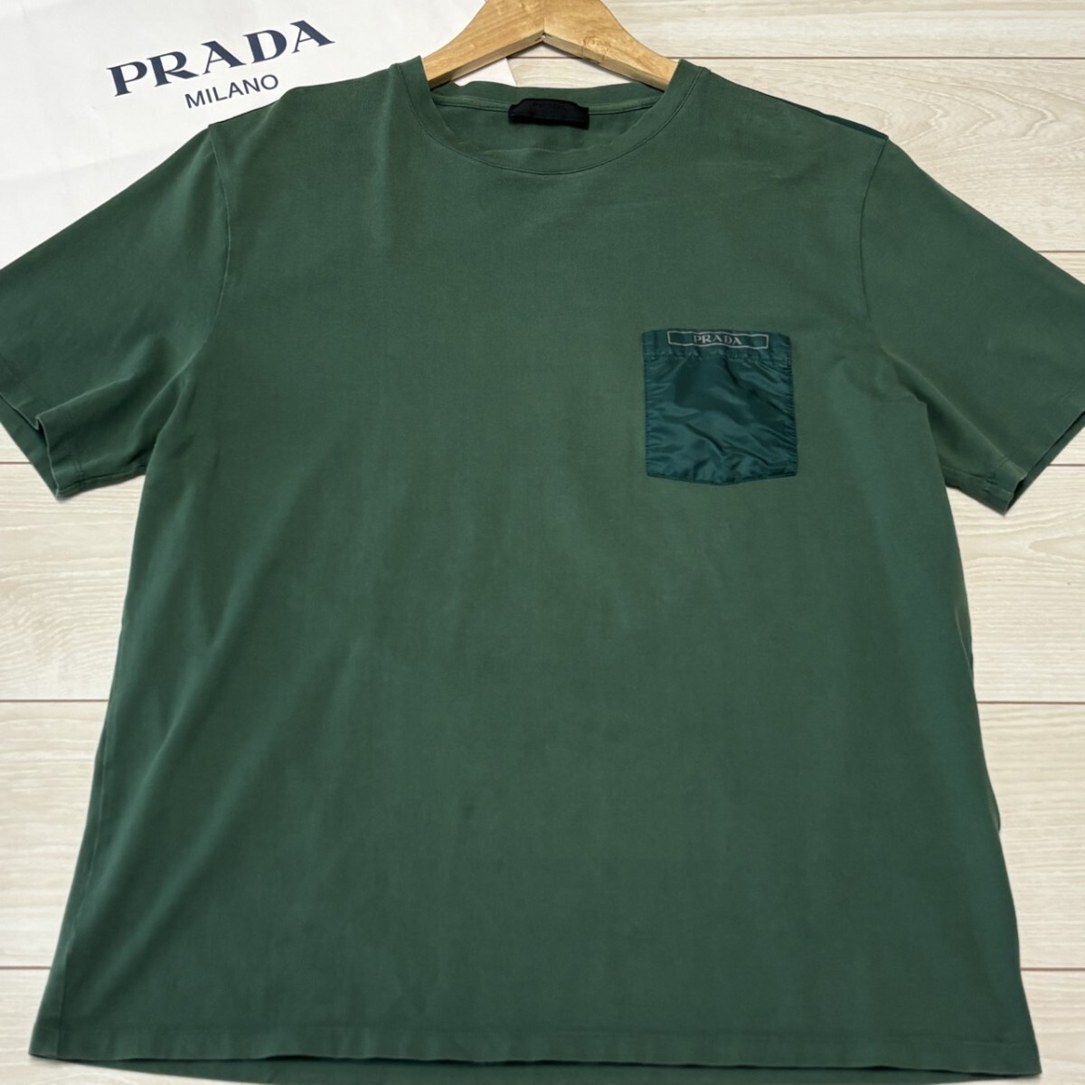 極美品/XLサイズ●PRADA プラダ 半袖 Tシャツ コットン 胸ポケット グリーン メンズ トップス 夏 サマー