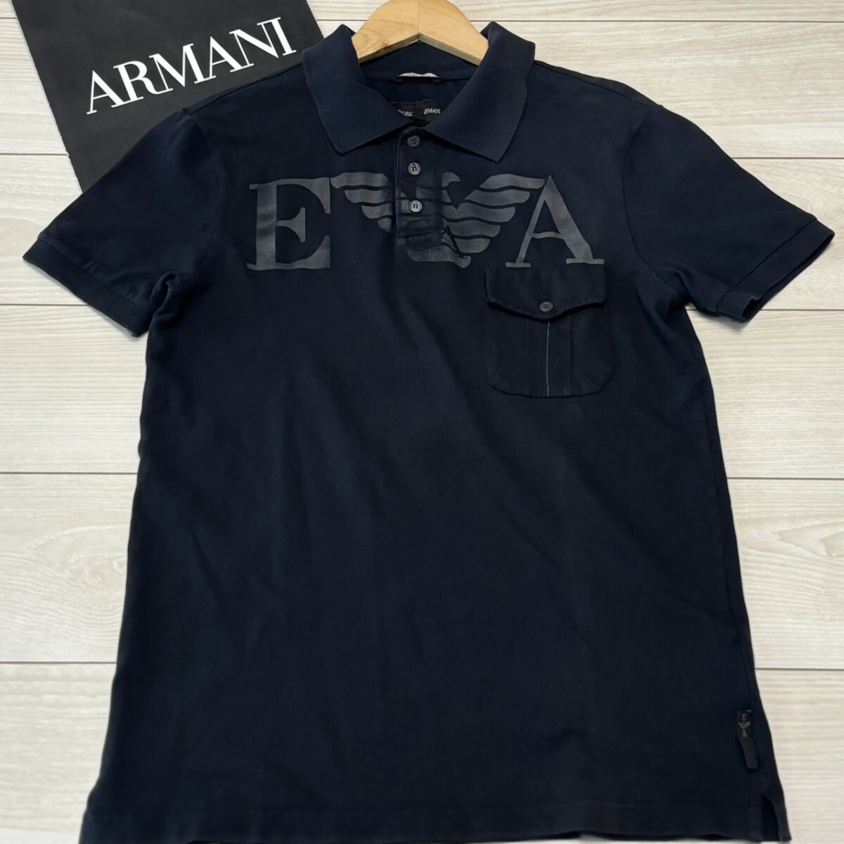 EMPORIO ARMANI エンポリオアルマーニ 半袖Tシャツ ポロシャツ イーグルロゴ ロゴ刻印ボタン ブラック 黒 トップス 夏 サマー Mサイズ