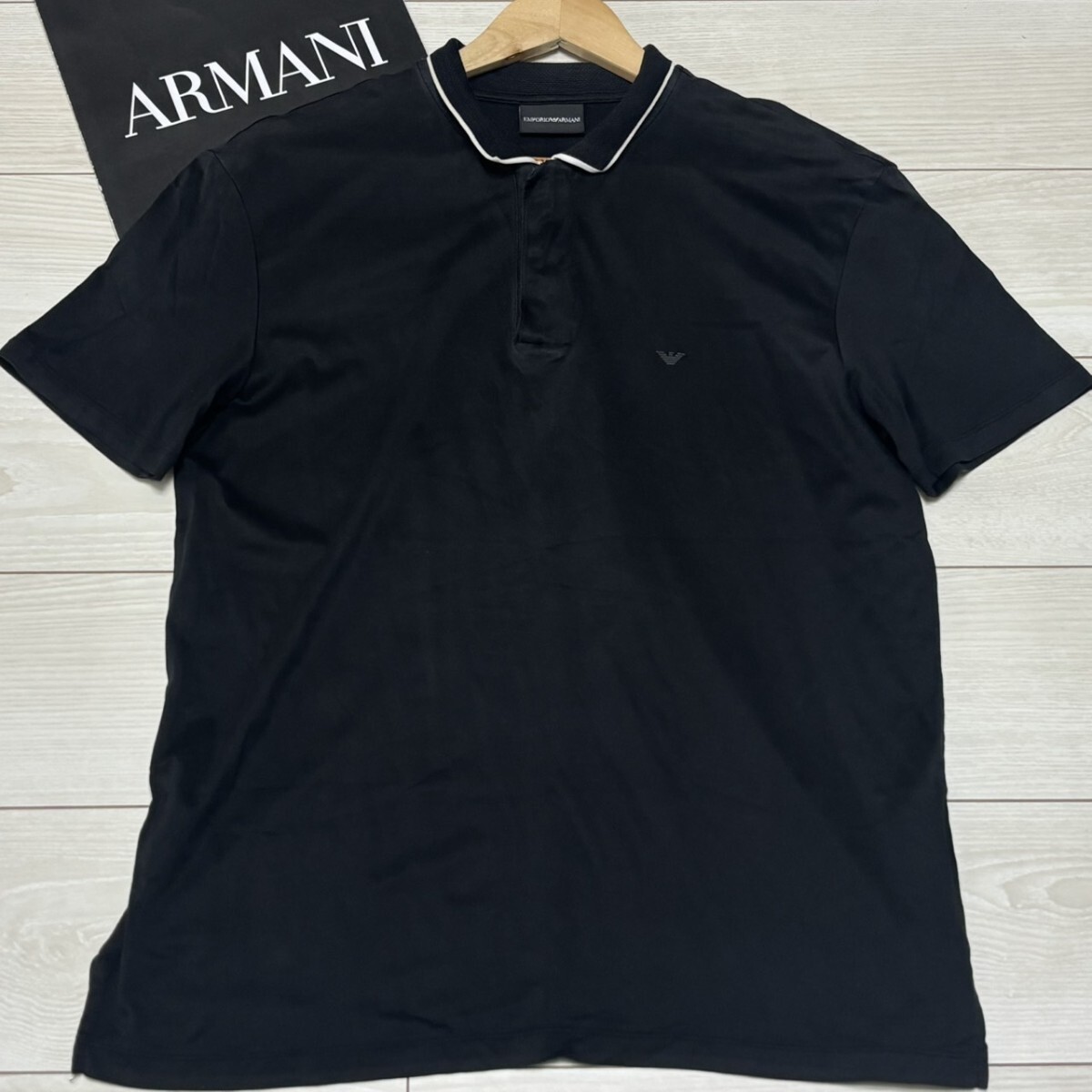 極美品/Lサイズ●EMPORIO ARMANI エンポリオアルマーニ 半袖Tシャツ ポロシャツ ハーフジップ イーグルロゴ ブラック 夏 黒 サマー メンズ