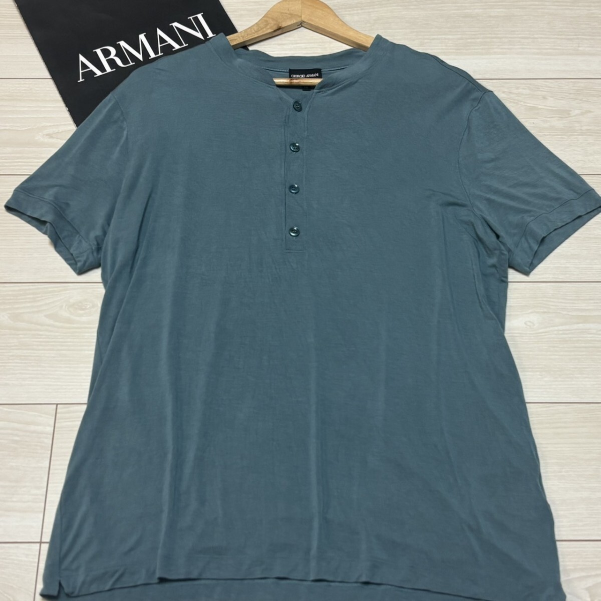 極美品/3Lサイズ相当●GIORGIO ARMANI ジョルジオアルマーニ 半袖Tシャツ ヘンリーネック ターコイズブルー メンズ トップス サマー 夏 56
