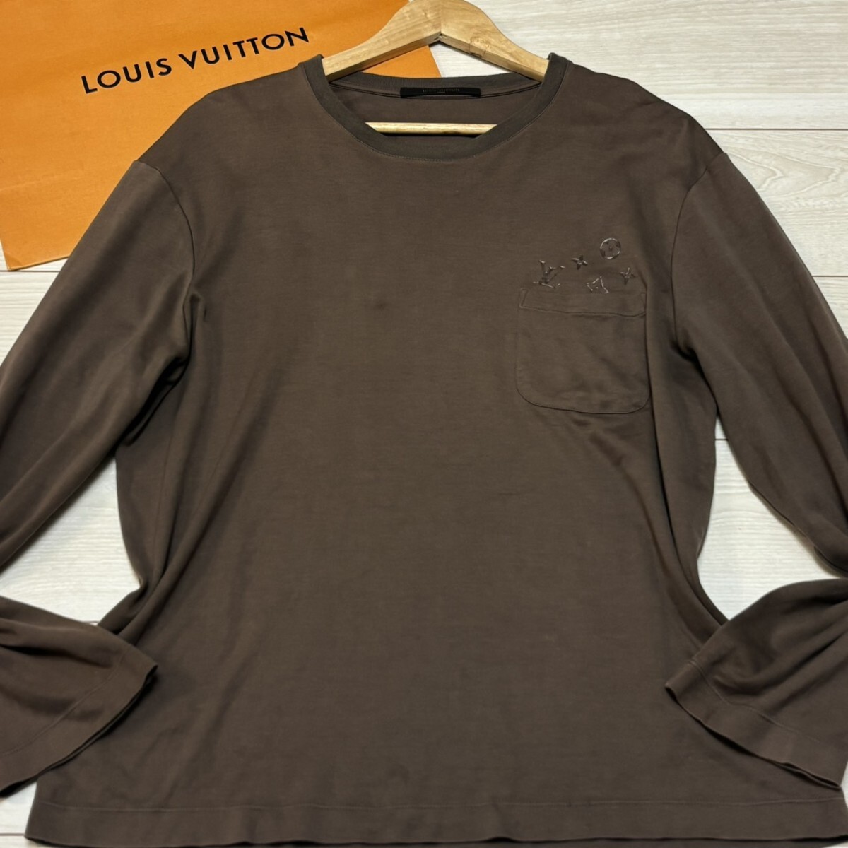 美品/XLサイズ●LOUIS VUITTON ルイヴィトン ロンT 長袖Tシャツ ブラウン 胸ポケット メンズ トップス コットン ダミエ柄