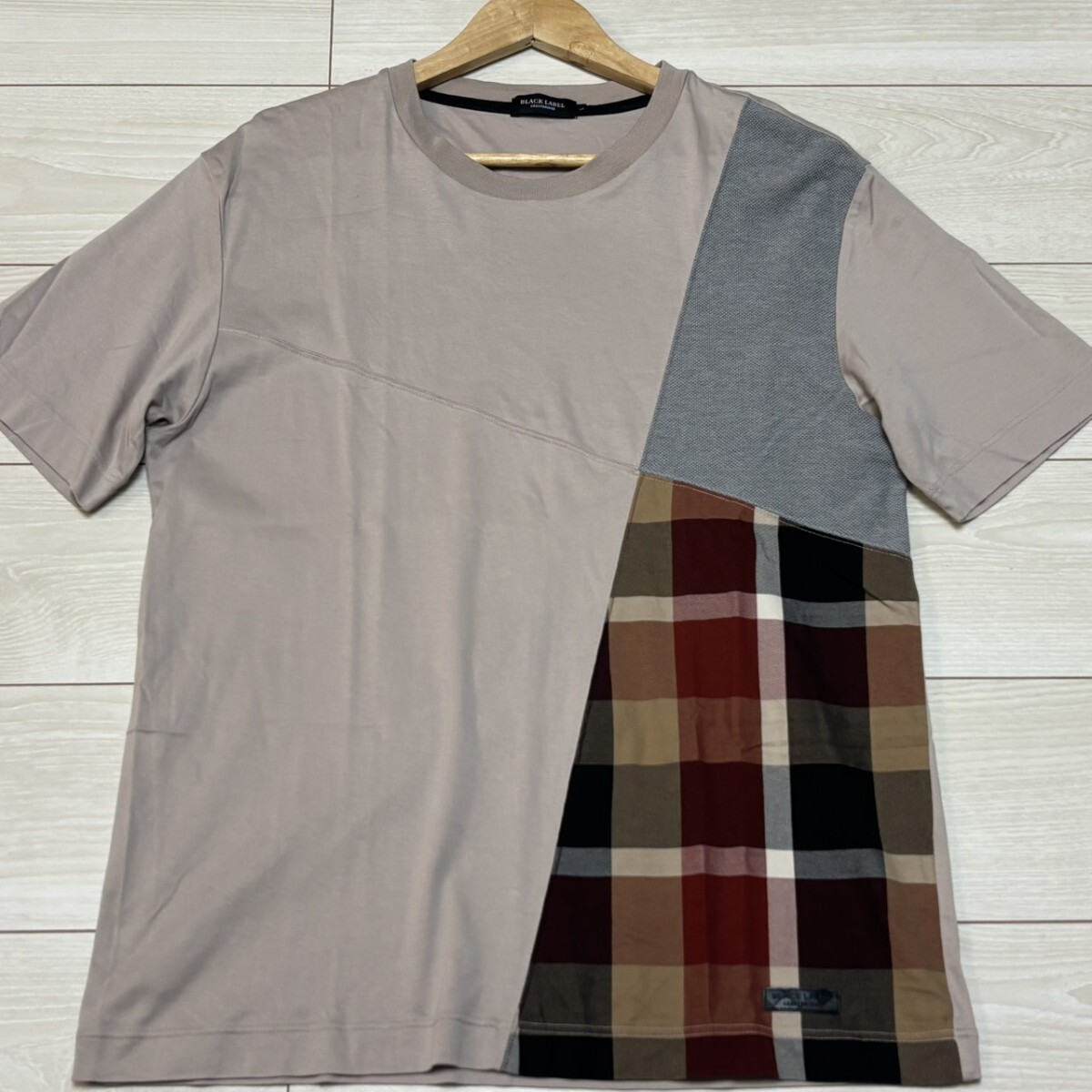 極美品/Lサイズ●BLACK LABEL CRESTBRIDGE ブラックレーベルクレストブリッジ 半袖Tシャツ CBチェック パッチワーク フェイクレザーロゴ