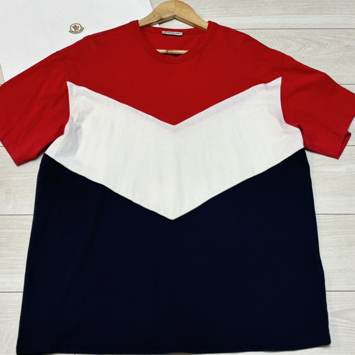 極美品/Lサイズ●MONCLER モンクレール 半袖Tシャツ トリコロール マグリア ワッペン コットン メンズ トップス ネイビー ホワイト レッド
