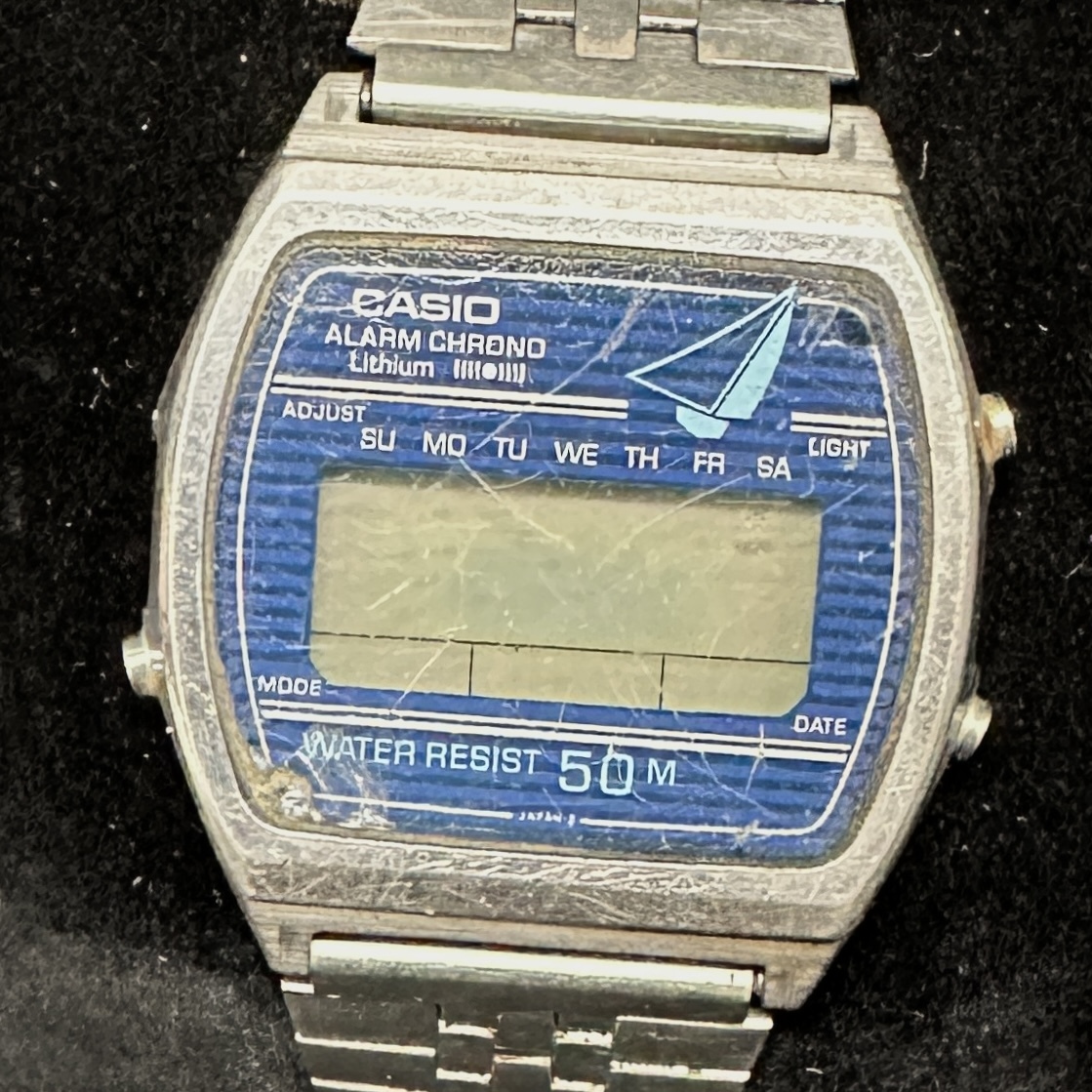 1円～ 6TN25570526 CASIO カシオ アラームクロノ ガラス傷/割れ ベルト不良 W-61 QZ SS メンズ 腕時計 純正ベルト 動作未確認 現状品