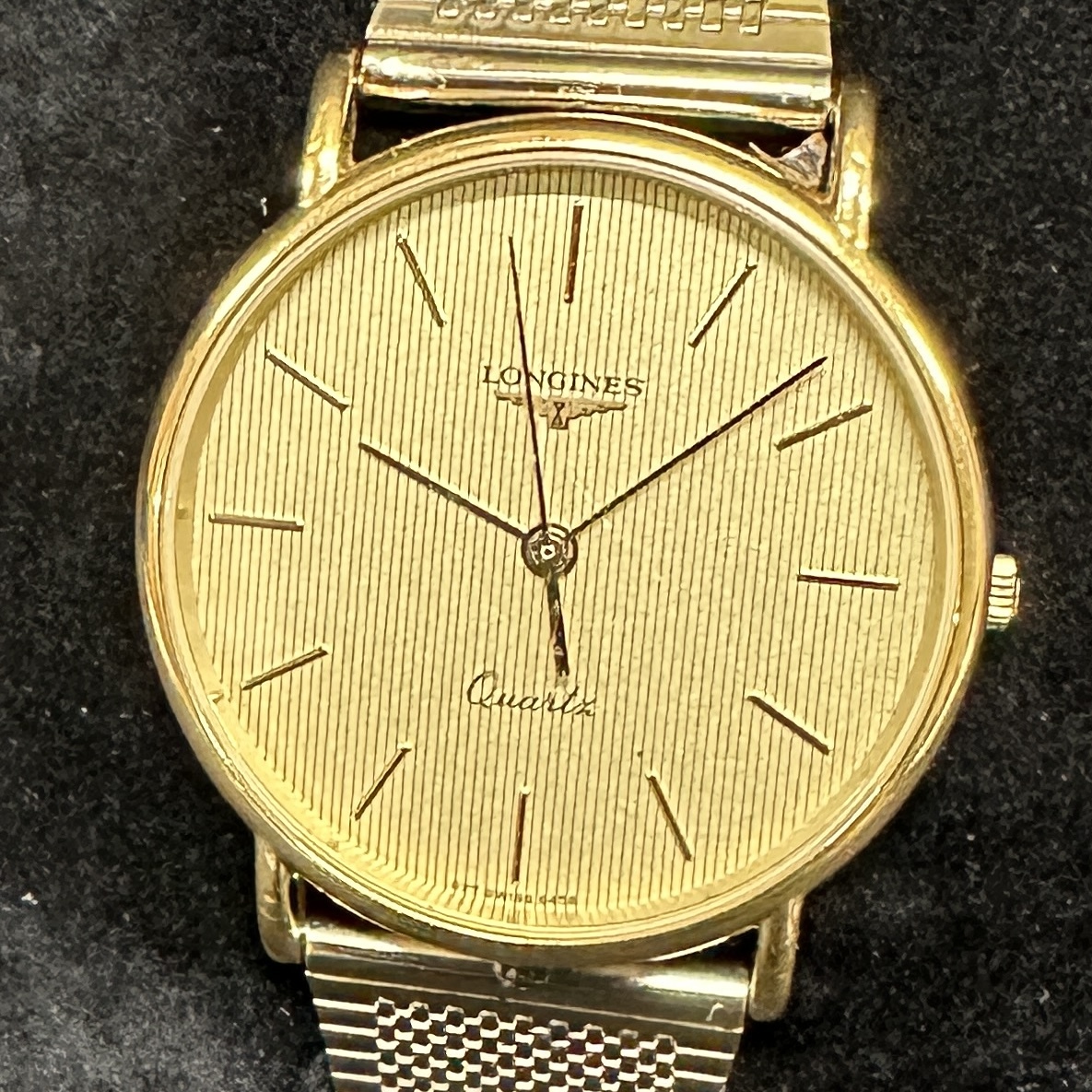 1円～ 6TN25580526 LONGINES ロンジン ゴールド文字盤 ラウンド 3針 QZ クォーツ ンズ 腕時計 社外ベルト 動作未確認 現状品
