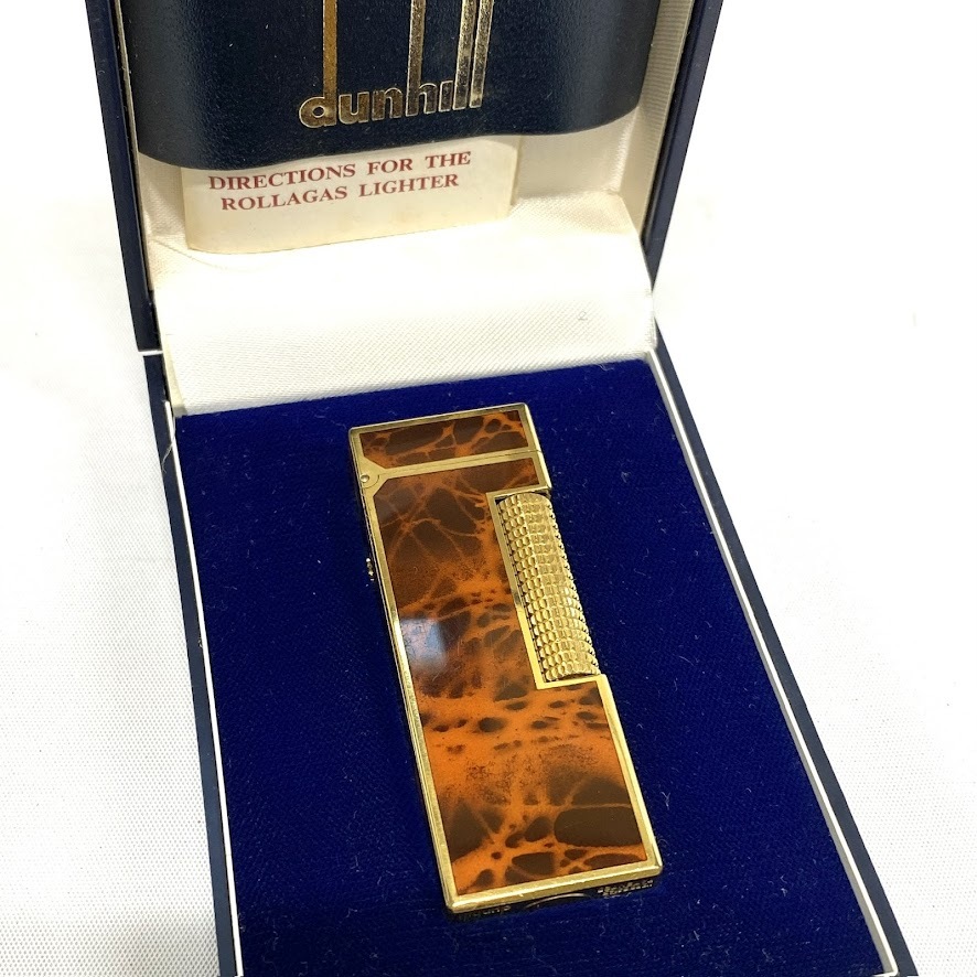 1円～ 6TN15110526 dunhill ダンヒル ガスライター ローラー式 ブラウン系マーブル/ゴールド 火花未確認 箱付き 現状品
