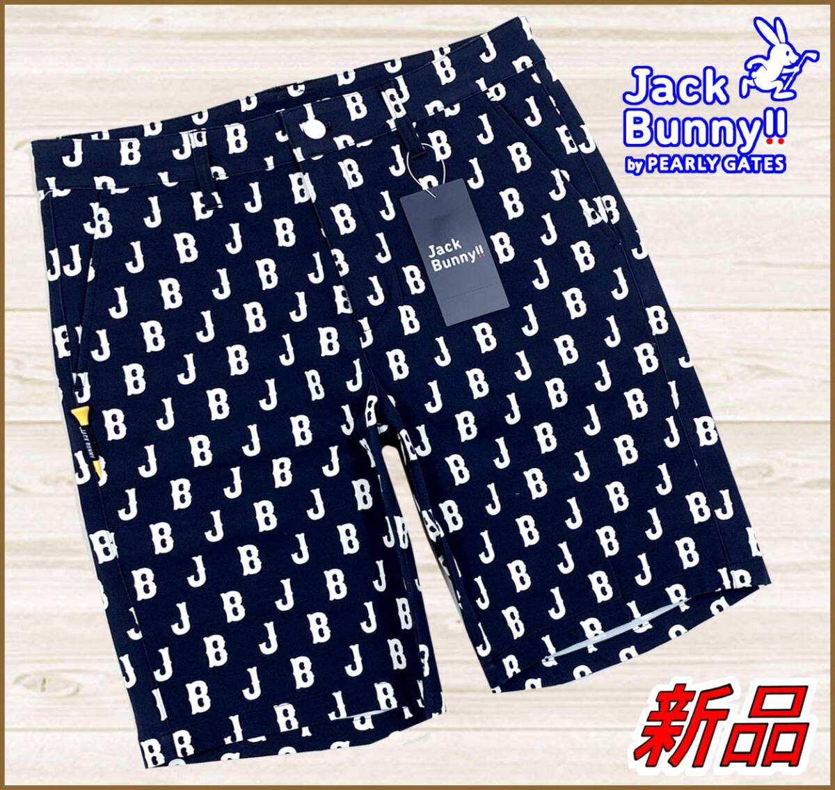 【国内正規品】64%OFF◆ジャックバニーゴルフショートパンツ◆ストレッチツイルプリント総柄JBロゴプリント◆紺ネイビーM4定価:15,400円