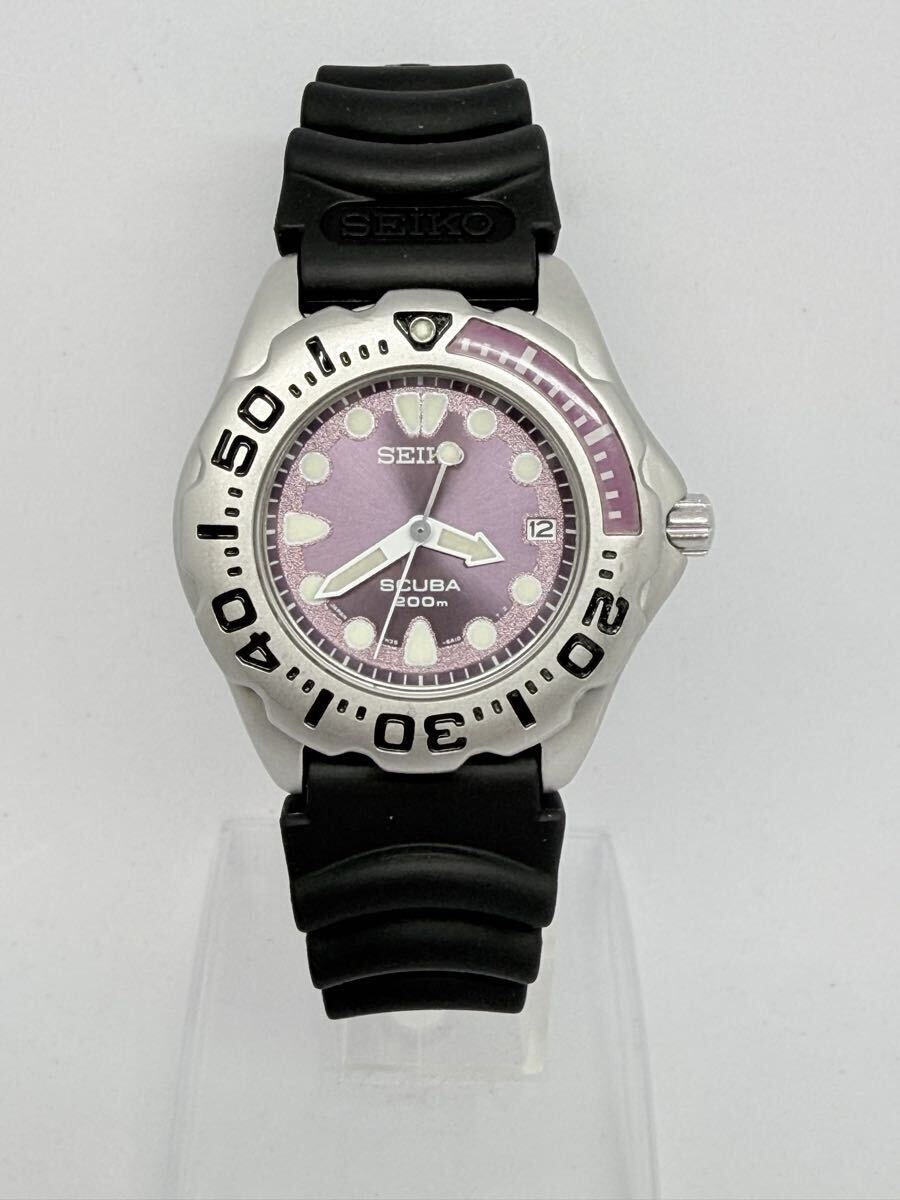 SEIKO SCUBA 200m デイト クォーツ 腕時計 パープル　7N35-6A10 稼動品