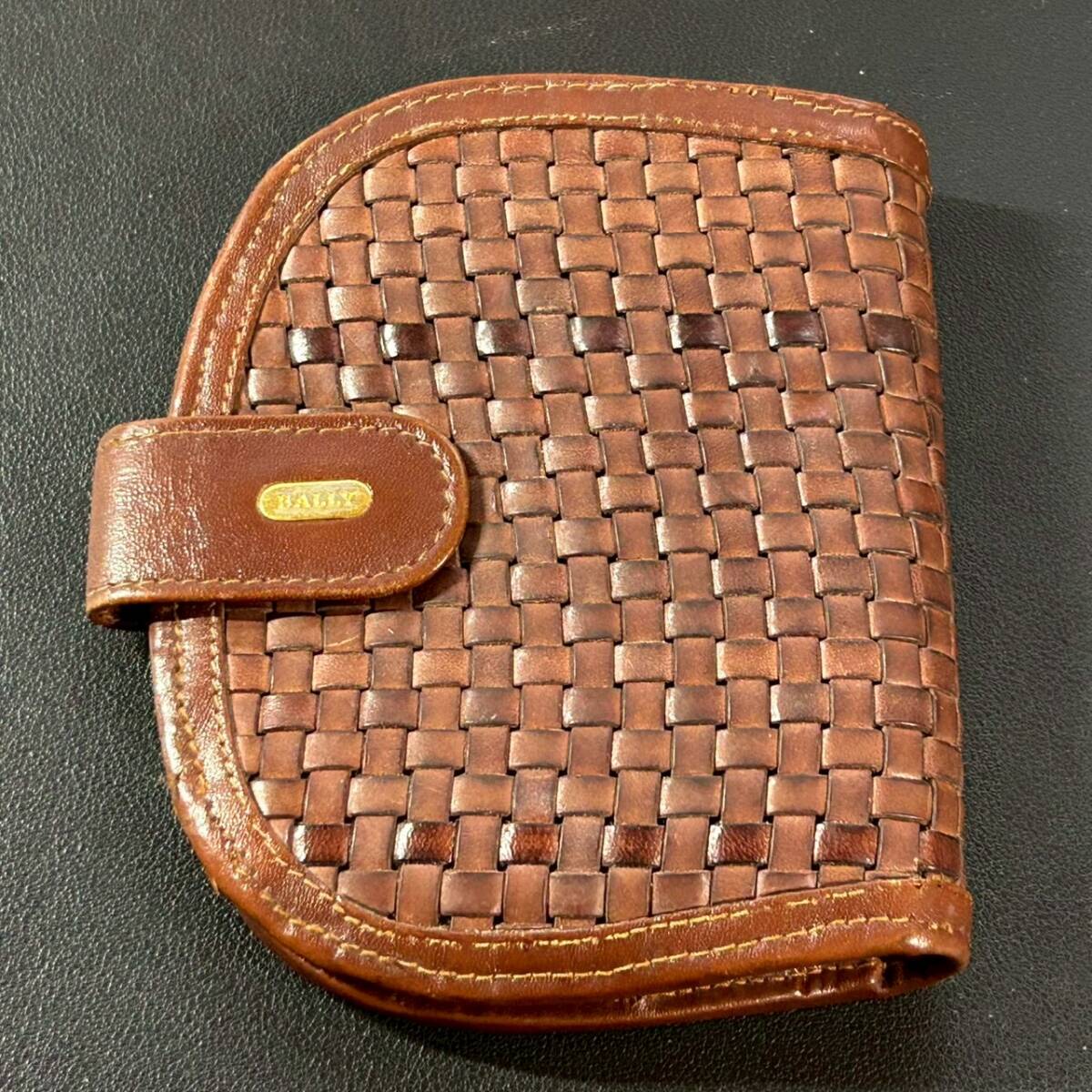 【Bally バリー】2つ折り財布 イントレチャート財布 ブラウン 茶色 編み込みデザイン ロゴゴールド金具 USED