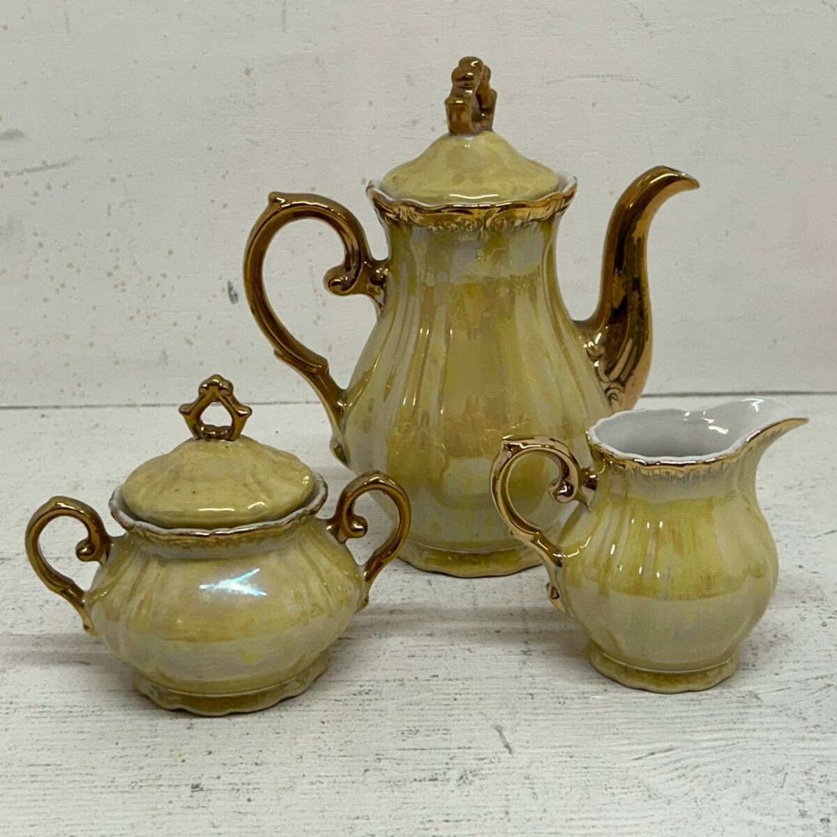 【MARUMORI CHINA マルモリ・チャイナ】ティーセット 茶器セット 3点セット ラスター彩 金彩 洋食器 昭和レトロ ヴィンテージ