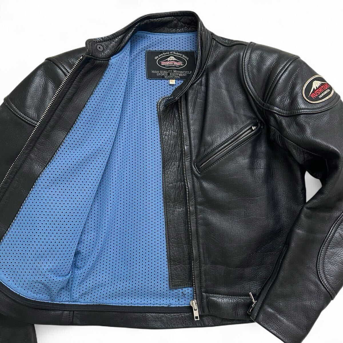 L相当◎KUSHITANI クシタニ シングル ライダースジャケット 牛革 カウレザー 革ジャン ロゴワッペン メンズ ブラック 裏地メッシュ バイク