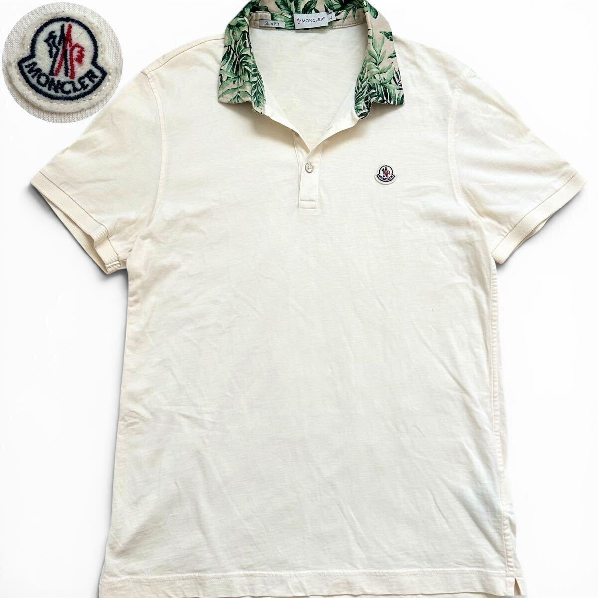Lサイズ◎MONCLER モンクレール ポロシャツ 半袖 襟ボタニカル柄 ロゴワッペン カットソー生地 メンズ オフホワイト 生成りの白 コットン