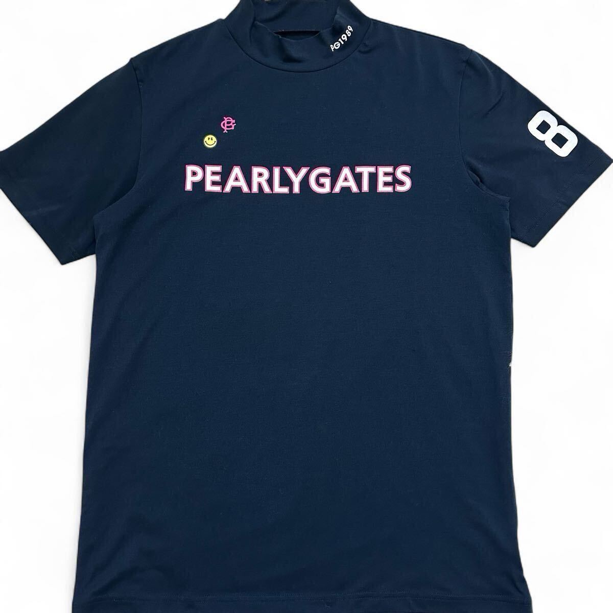 美品◎PEARLY GATES パーリゲイツ 半袖 モックネック Tシャツ トップス ロゴ ストレッチ生地 メンズ 濃紺 ネイビー ゴルフウェア