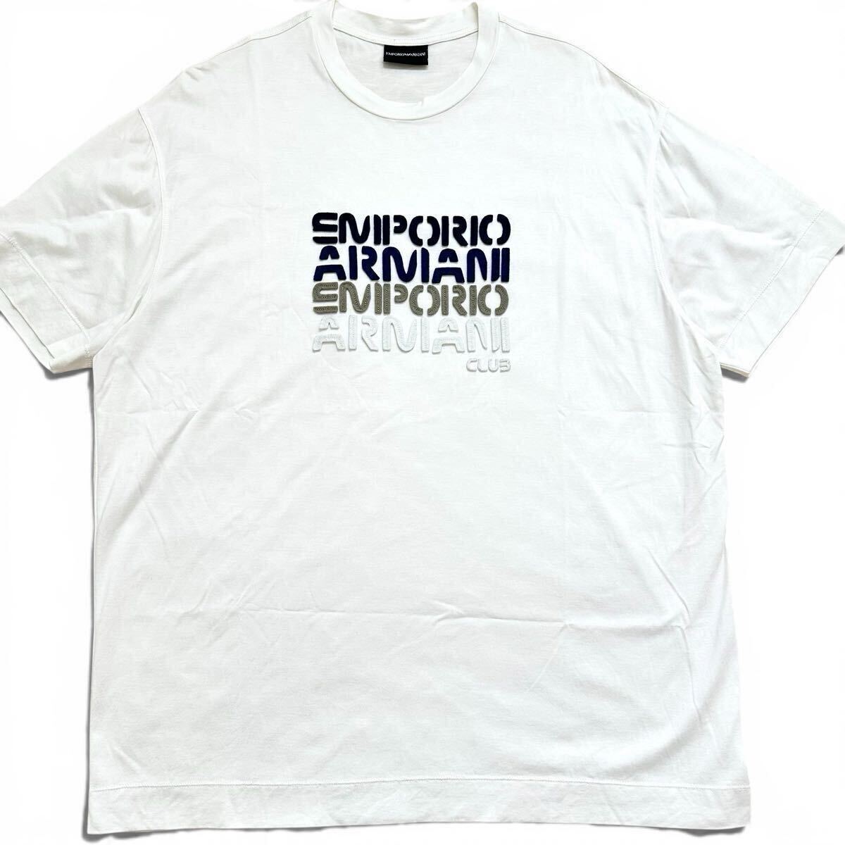 美品/XXL◎EMPORIO ARMANI エンポリオアルマーニ 半袖 Tシャツ 3Dロゴ ワッペン クルーネック カットソー トップス メンズ 白 ホワイト