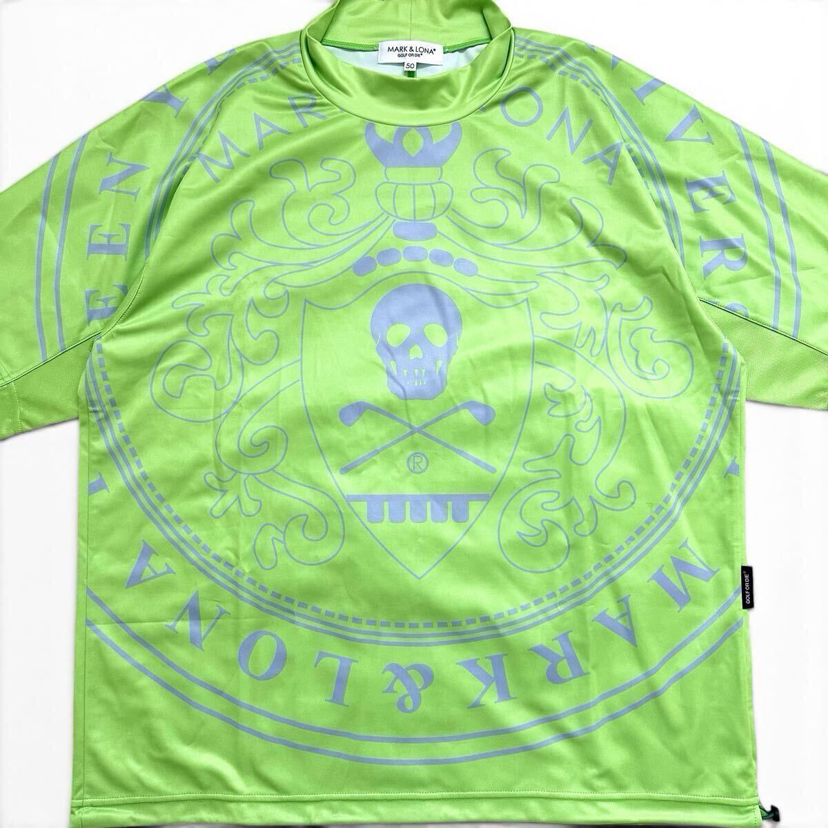 美品/XL/2023年モデル◎MARK&LONA マークアンドロナ モックネック 半袖 Tシャツ スカル ドクロ ロゴ メンズ 緑 ネオングリーン ゴルフ 50