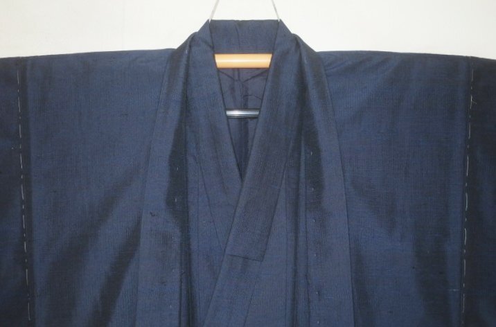 お買い得セール 弐11705 本絹米琉ぜんまい紬 男着物羽織 裄70丈142К超光沢濃紺 未着用