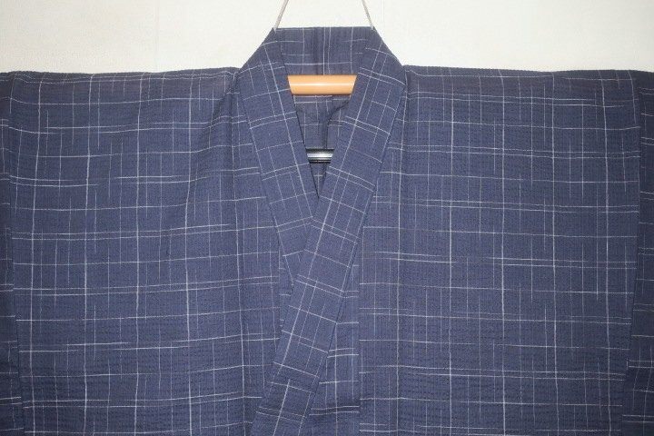 弐11651RM-m 綿麻・透かししじら織 男着物単衣浴衣 裄73丈142К青灰色の矢鱈格子 新品 単衣使いに