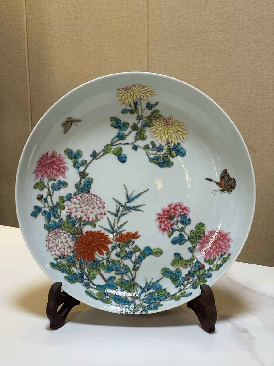【竹河】中国古美術 清時代 粉彩 皿 時代物 唐物 古玩 骨董 藏出 置物 骨董品 当時物 置物 口径26cm w23