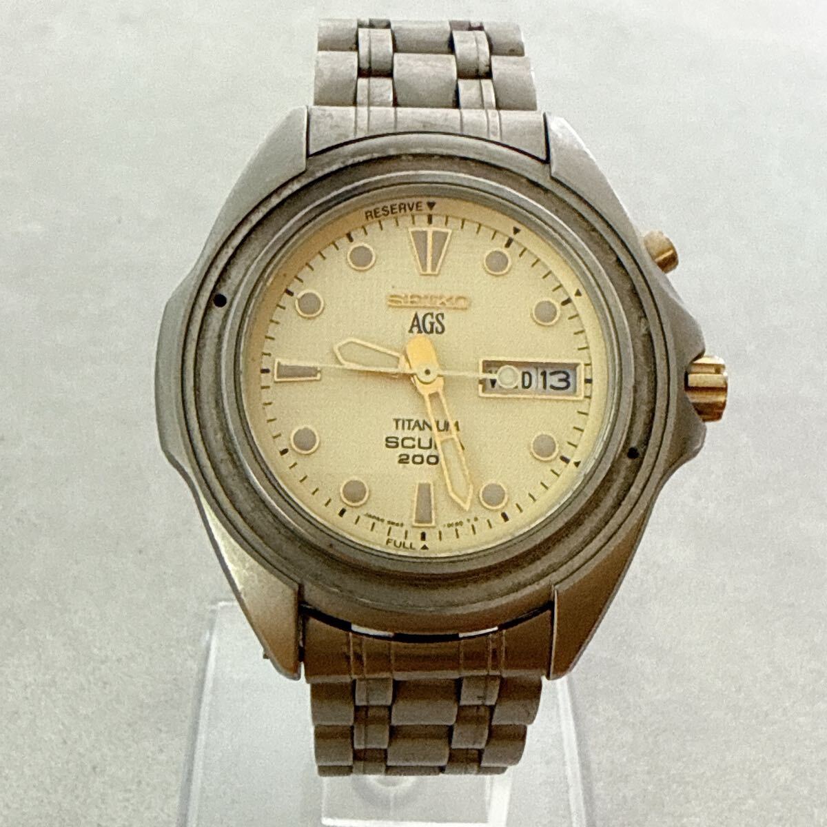 【SEIKO】セイコー 腕時計 デイデイト シルバー 5M43-0B70 AGS スピリット チタン アイボリー 稼働品 SCUBA 200 ヴィンテージ（YU）