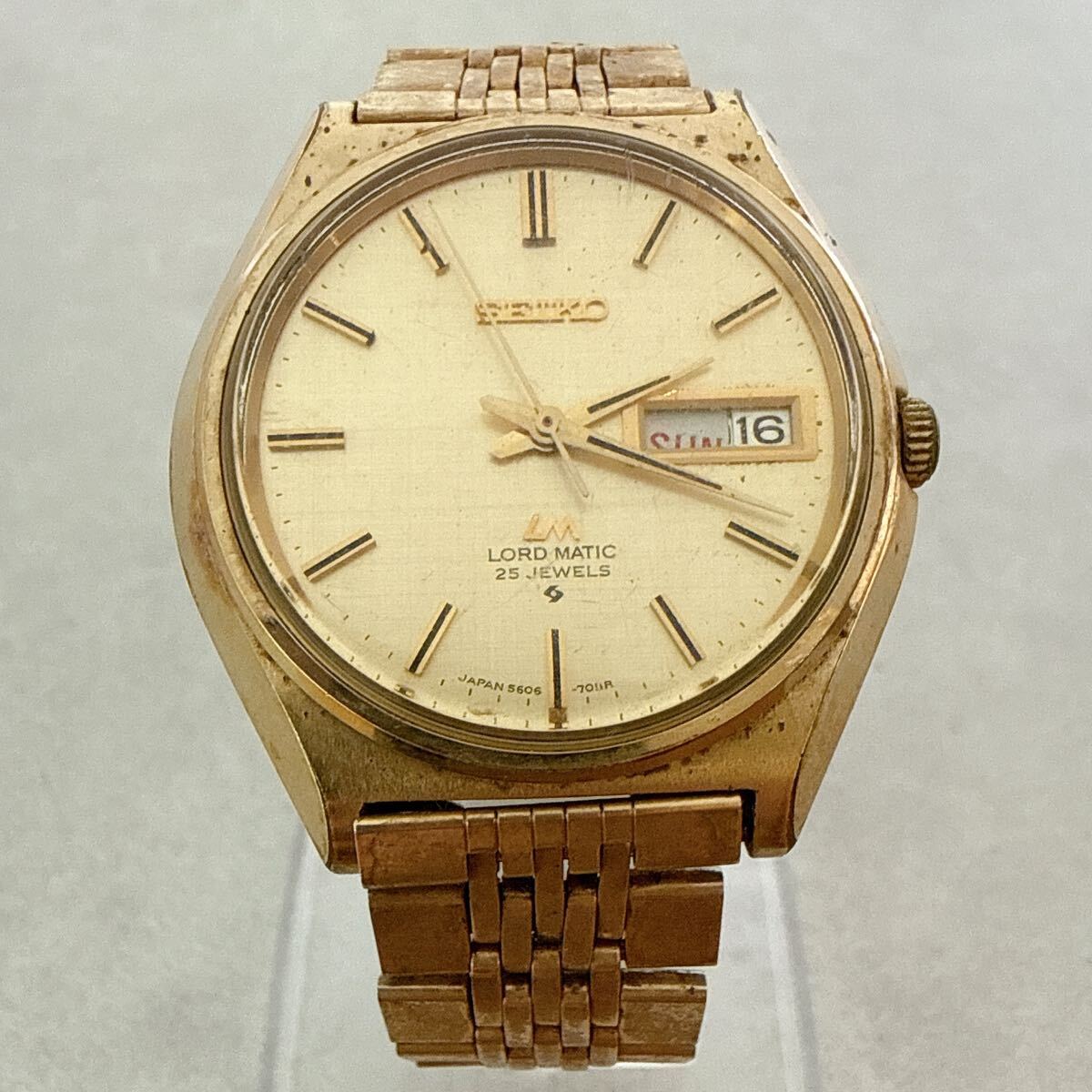 【SEIKO】セイコー 自動巻き デイデイト 腕時計 LM ロードマチック 5606-7000 ゴールド 14KGF 25JEWELS 刻印 メンズ ウォッチ（YU）