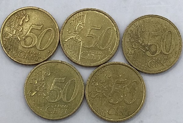 ◆５０ユーロセント硬貨５枚◆ay1090