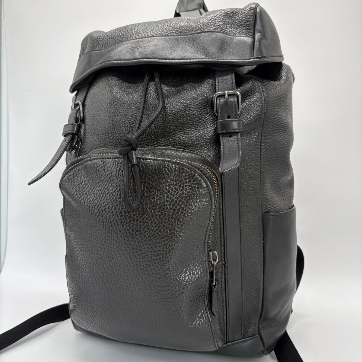 美品/A4収納/大容量 COACH コーチ リュック バックパック ビジネス ヘンリー レザー 多収納 巾着 PC収納可 メンズ 通勤 通学 ブラック 黒