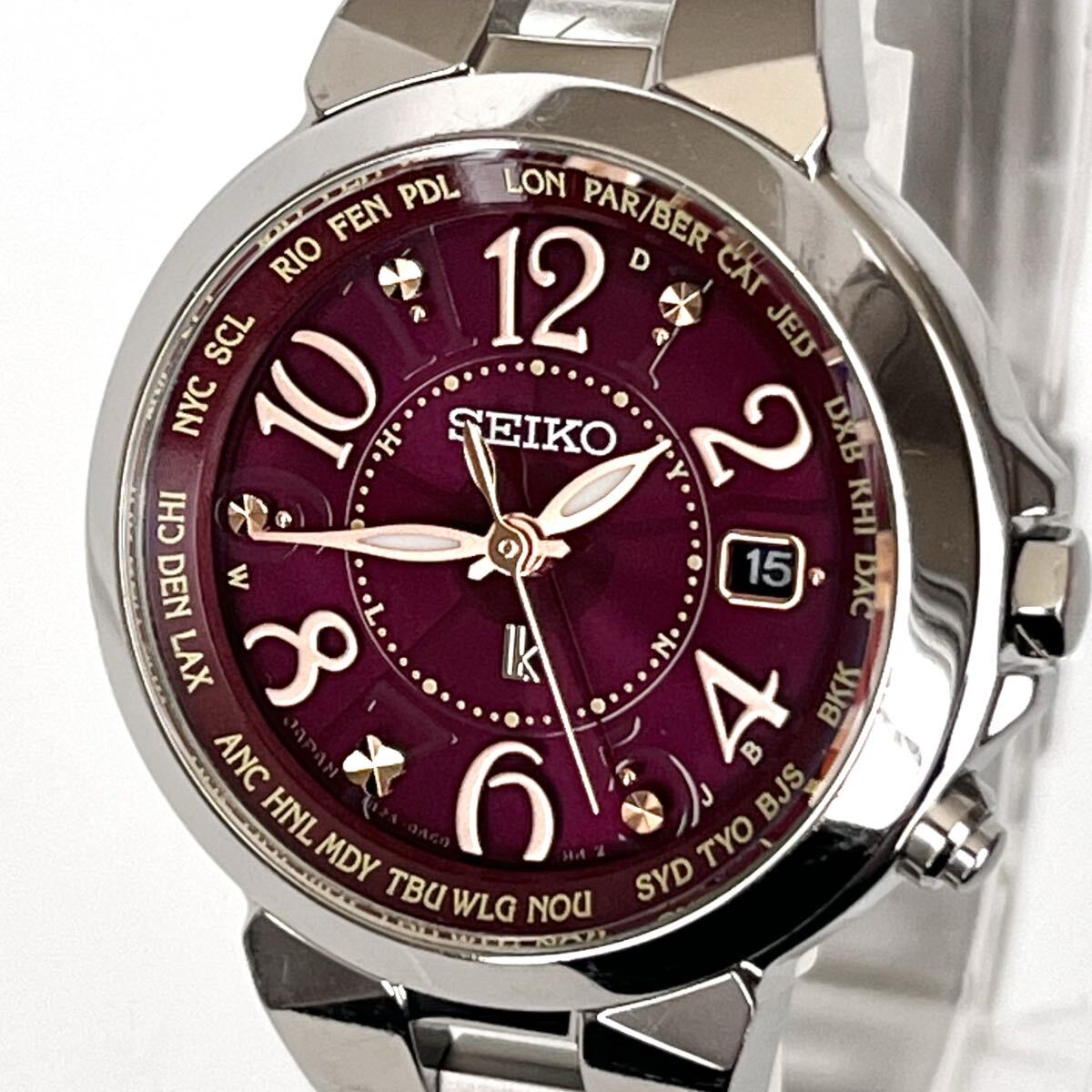 【稼働】磨き済み セイコー SEIKO ルキア LUKIA レディース 腕時計 電波ソーラー 美品 ワインレッド文字盤 s2378