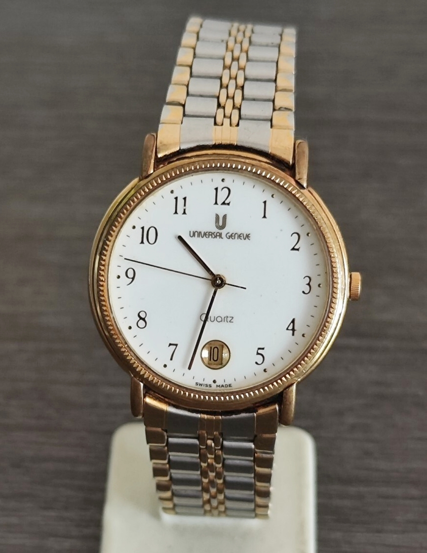 稼働品 UNIVERSAL GENEVE メンズ腕時計 白色アラビア数字文字盤 三針デイト オリジナルバンド 