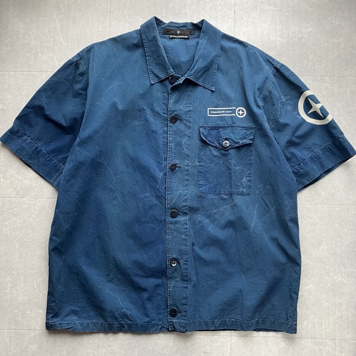 希少 美品 STONE ISLAND ストーンアイランド 半袖シャツ ロゴプリント デニム ブルー系 青色 XL 大きいサイズ 希少サイズ 入手困難