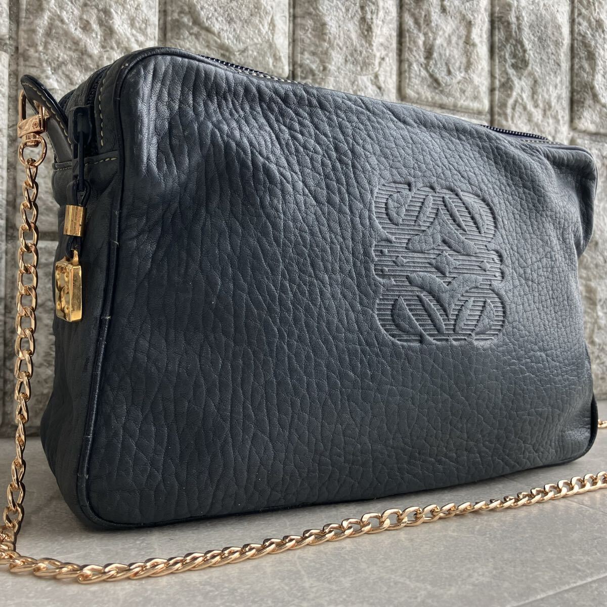 希少 良品 LOEWE ロエベ ショルダーバッグ 2室 Wジップ ゴールド金具 アナグラム ロゴ ナッパレザー ナパカーフ 羊革 ネイビー 紺 入手困難