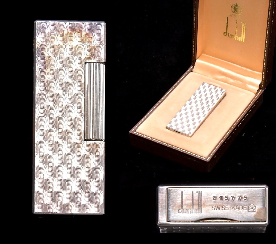 715 dunhill ガスライター ローラー式 総柄 スクエア ● ダンヒル ライター シルバー スイス製 