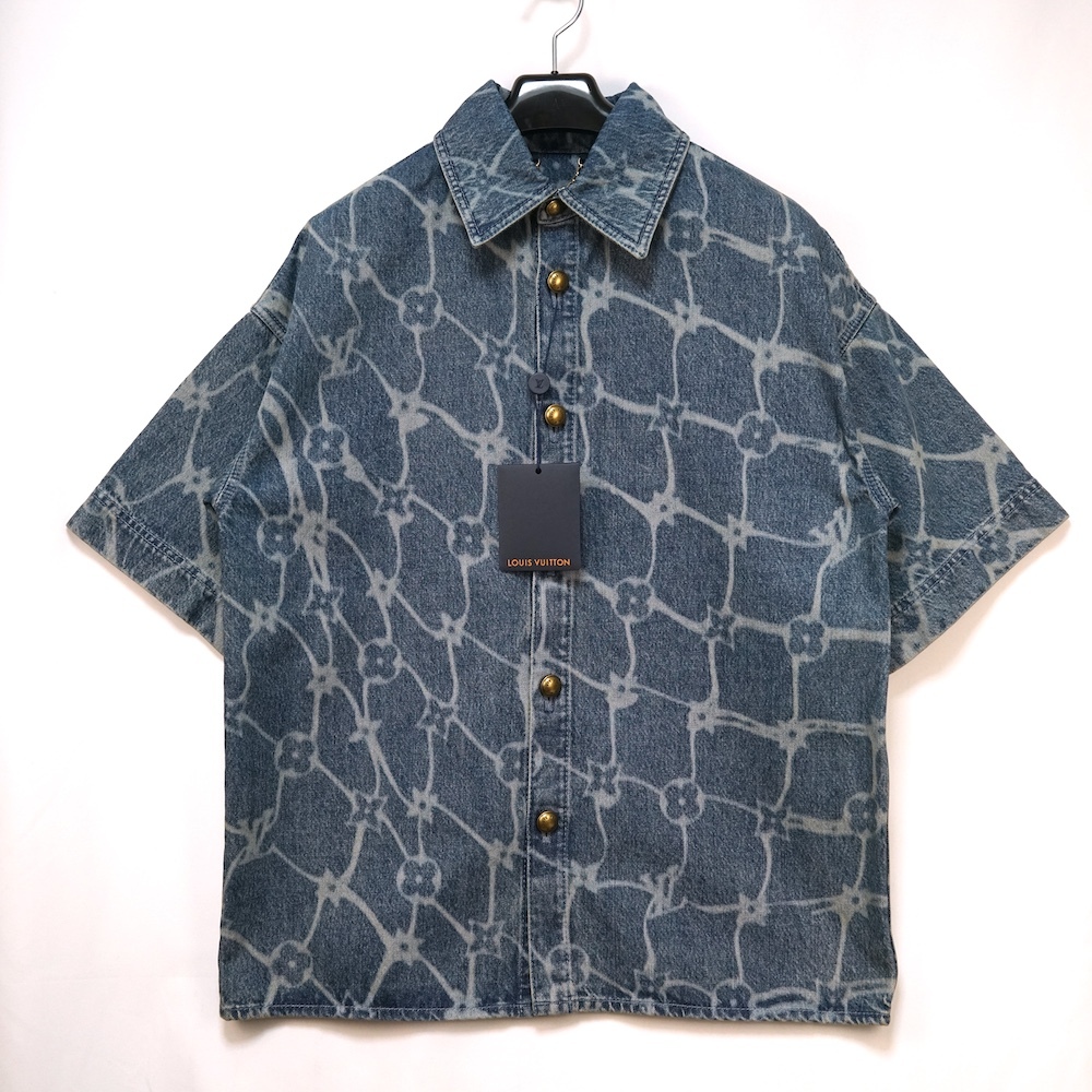 LOUIS VUITTON ルイヴィトン モノグラム プリント ウォッシュ加工 ショート スリーブ デニム シャツ ブルー Lサイズ RM242MM KOE HRS24W