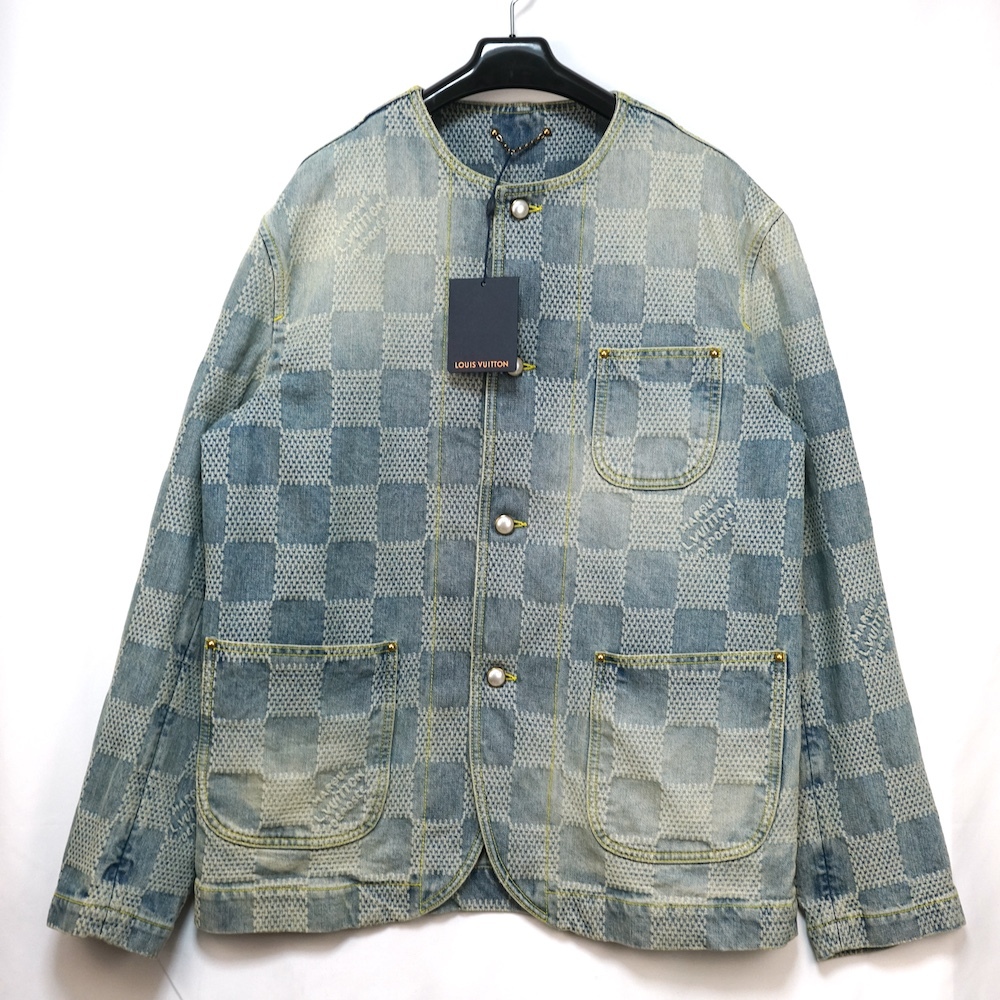 25SS LOUIS VUITTON ルイヴィトン コットン ダミエ デニム ウォッシュ加工 ノーカラー ジャケット フェイクパールボタン 48 アイスブルー