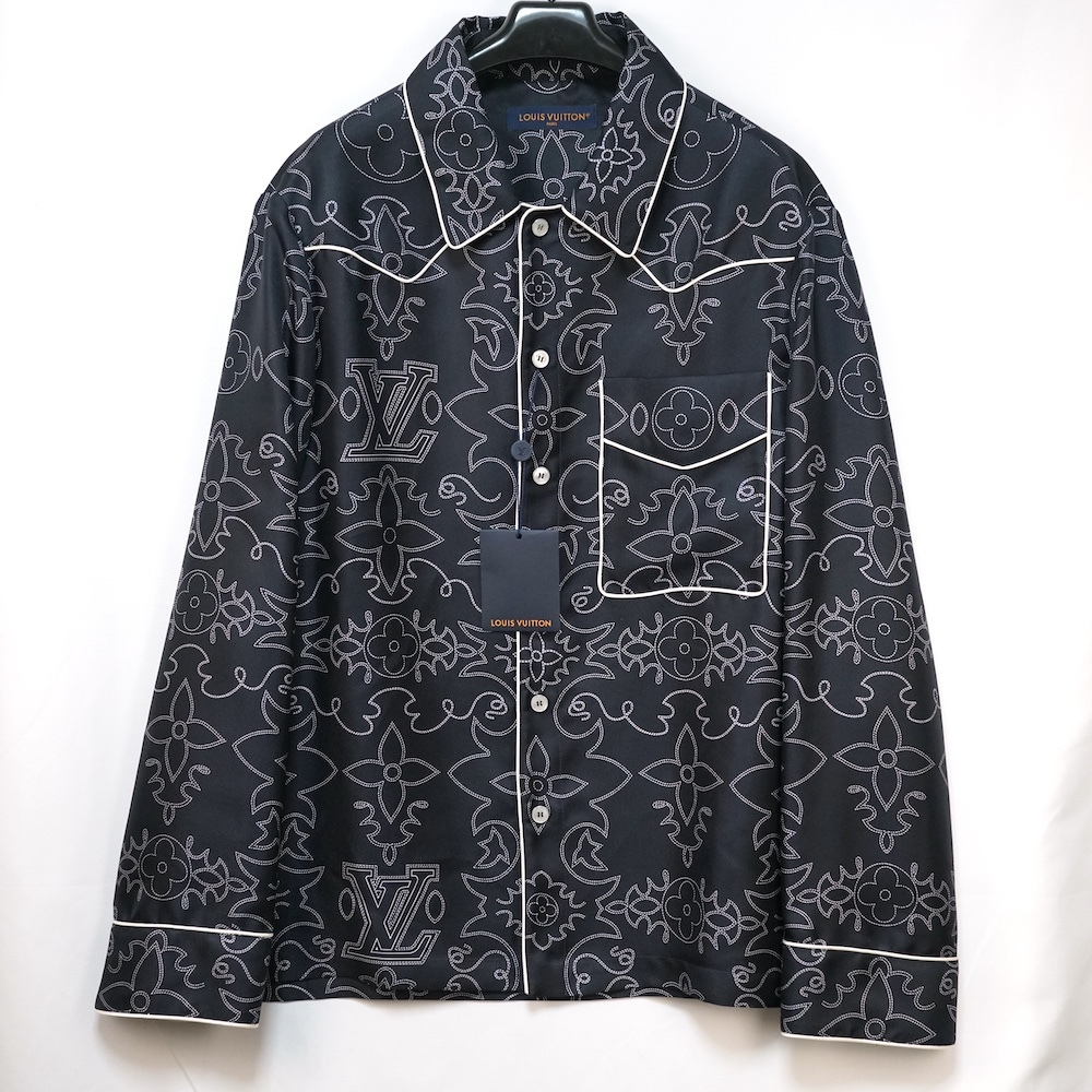 LOUIS VUITTON ルイヴィトン 総柄 プリント シルク パジャマ オーバー シャツ 長袖 ブラック Mサイズ RM242M MRR HRS80W