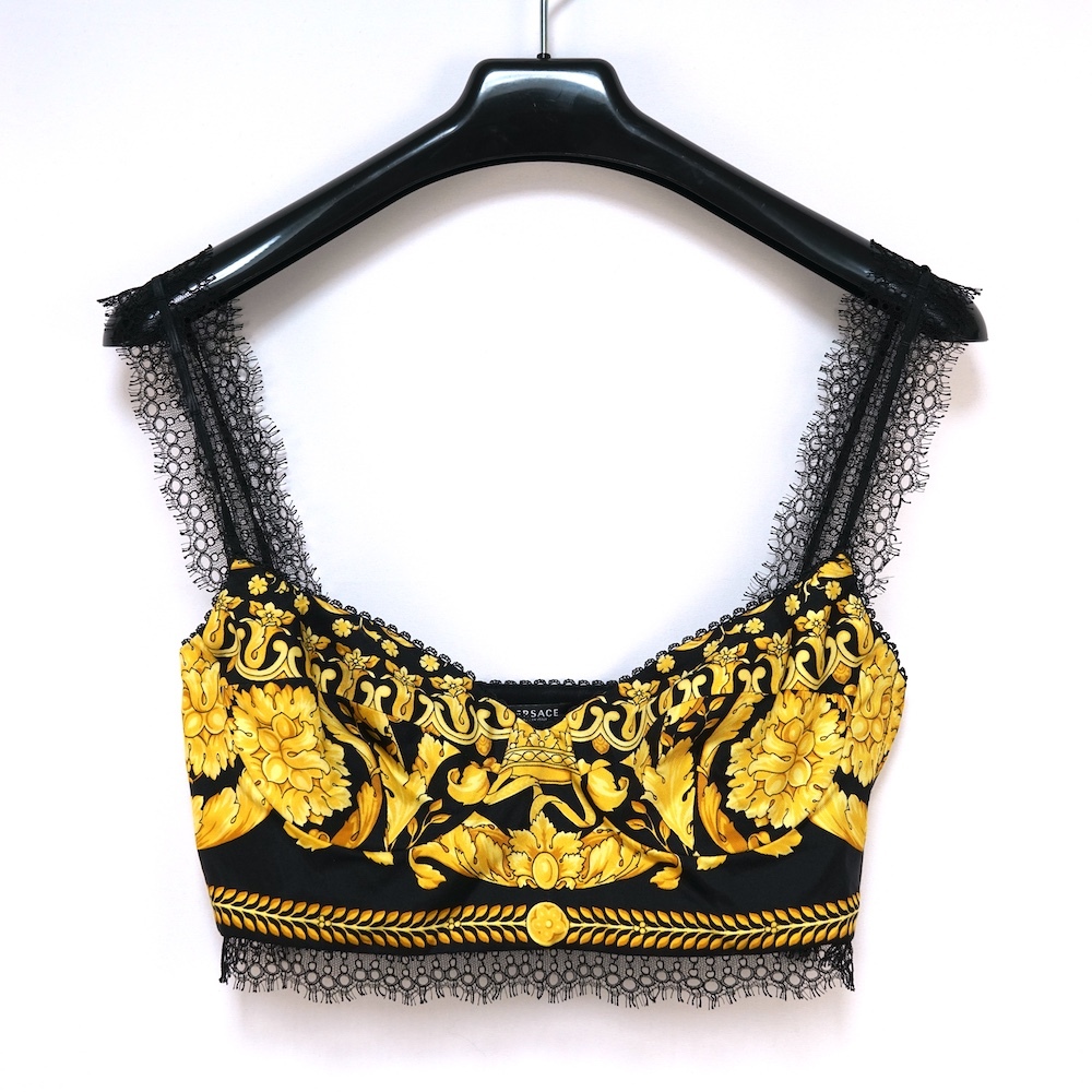 VERSACE baroque-print top ヴェルサーチェ バロッコプリント シルク レーストリム クロップトップ 38サイズ 1001347 1A04236