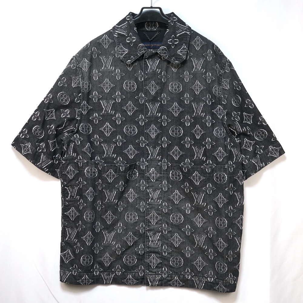 LOUIS VUITTON ルイヴィトン ダミエ 総柄 コットン デニム 半袖 シャツ Lサイズ ブラック RM232 ARS HPS73W 