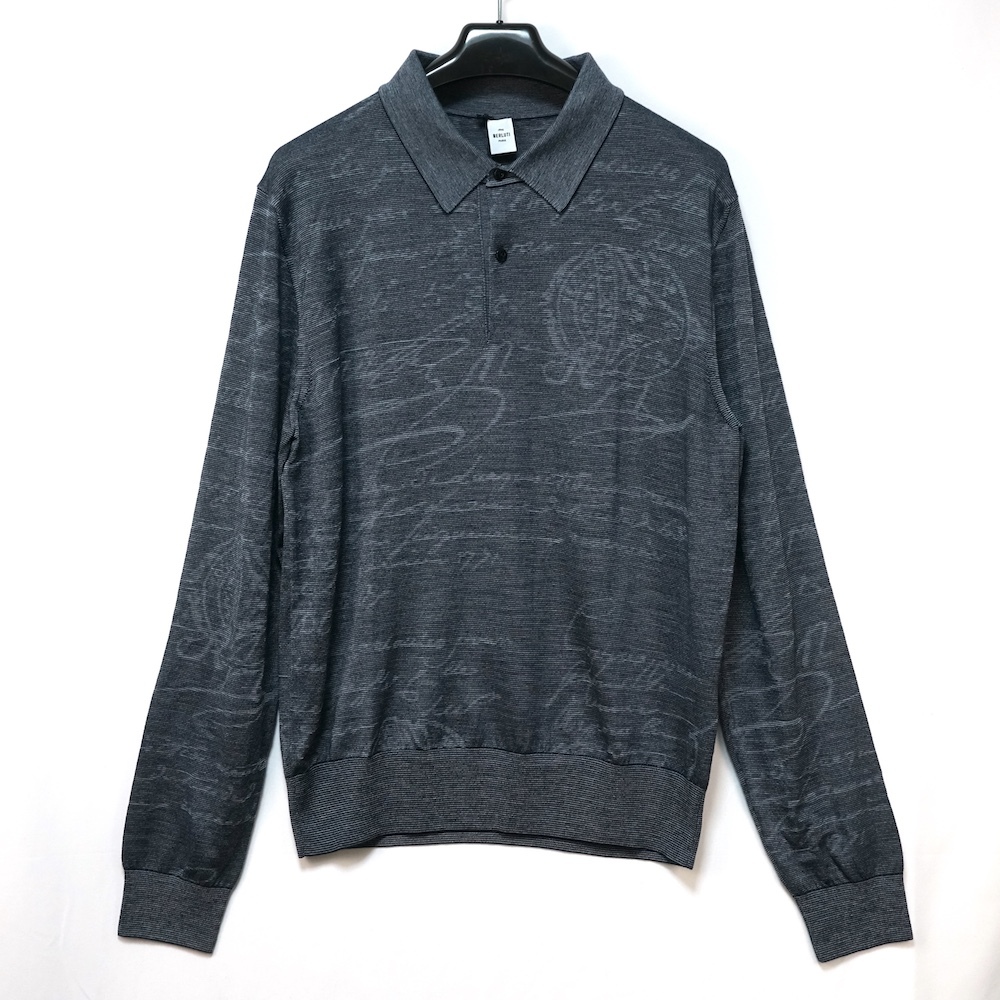 BERLUTI PARIS 1895 ベルルッティ Light Scritto Polo ライト スクリット ポロ シャツ 長袖 ウール混紡 FROZEN LAKE BLUE M R27KPL23YWDN