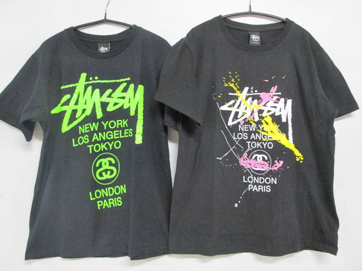 【0605n O3361】 STUSSY ステューシー ワールドツアーペイントTシャツ 2枚セット ブラック S、M