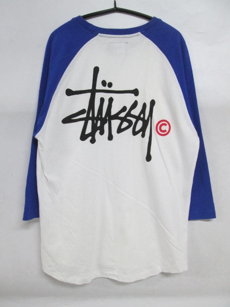 【0603o OM3018】 stussy ステューシー バックロゴ ラグラン 7分袖 ロンT Tシャツ カットソー 白×青