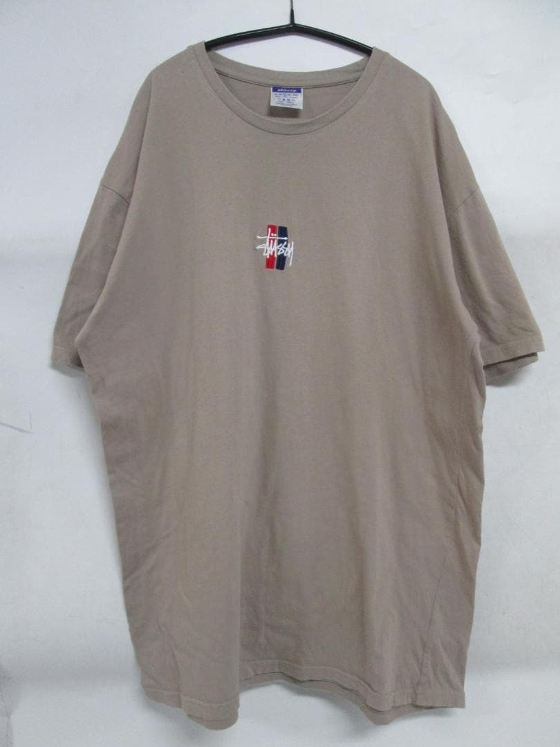 【0603o OM3019】 old stussy オールド ステューシー トリコロール 刺繍ロゴ Tシャツ 半袖 カットソー ベージュ グレージュ