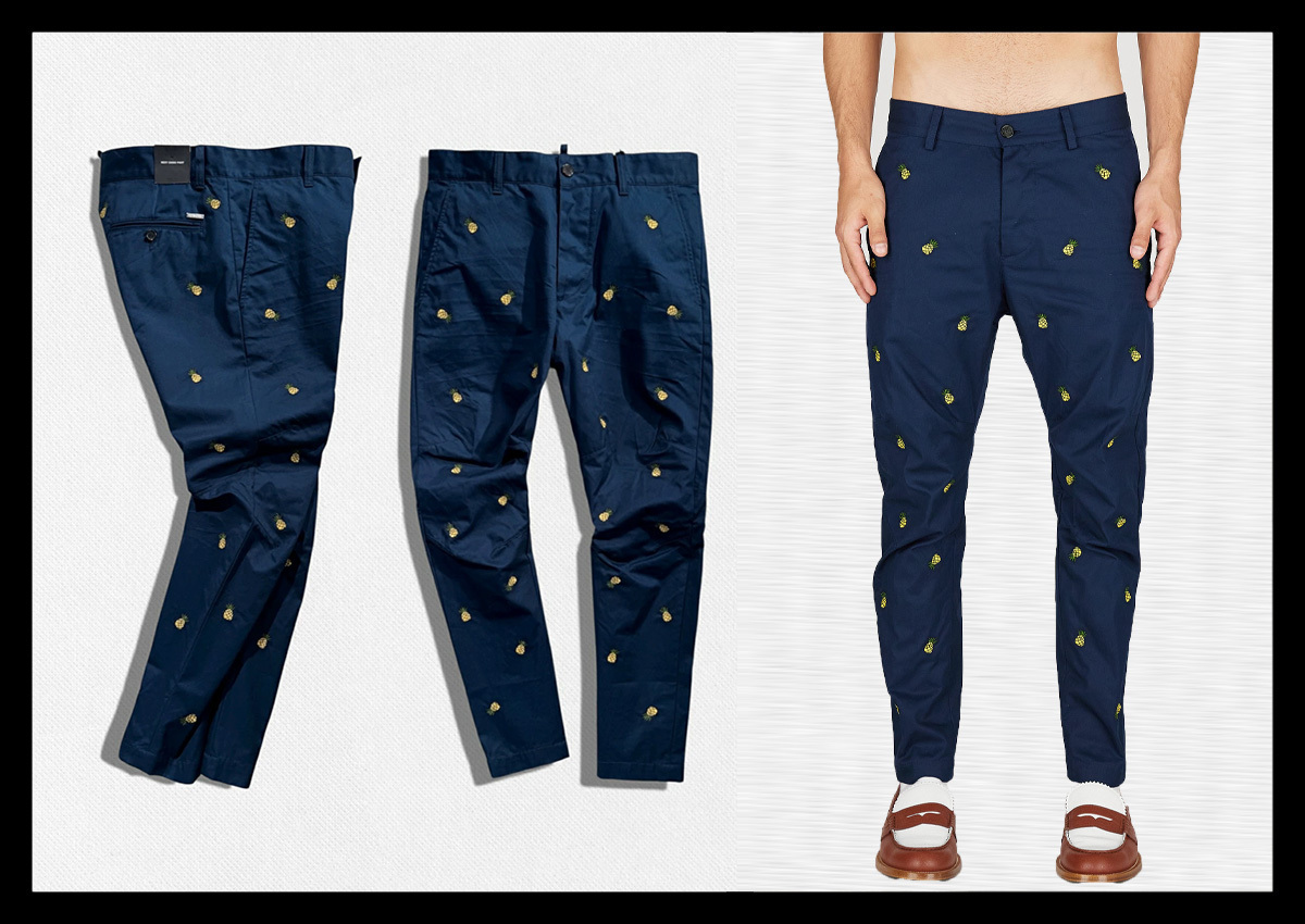 定価13.9万DSQUARED2ディースクエアード キャッチーなフルーツ刺繍で視線を集めるスラックスチノパンツ SEXY CHINO PANT パイナップル 伊製
