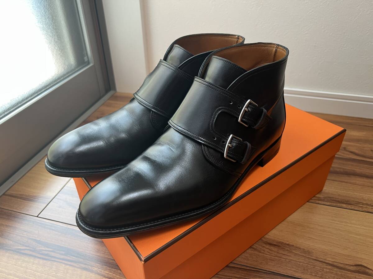 エルメス 奇跡の美品 靴の王様 ジョンロブ 製 究極 ダブルモンク シューズ ブーツ LOUIS ミュージアムカーフ ブラック 革靴 41 黒