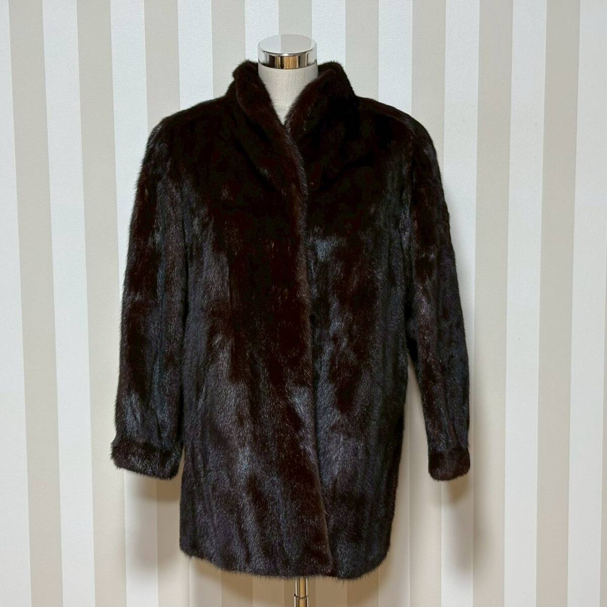 ★1円〜【レディース毛皮】 ミンク MINK 毛皮 本毛皮 高級 ファー アウター ミドル丈 ダークブラウン ネームあり 着丈約75cm L210376