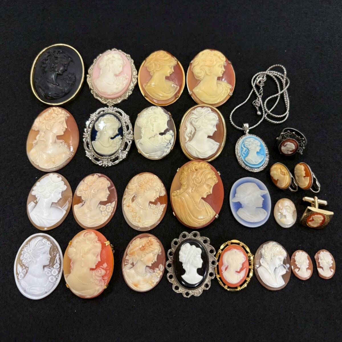 ■ 1円〜【まとめ売り】 カメオ カメオ風 まとめ 総重量約200g ブローチ ネックレス カフス 指輪 イヤリング アクセサリー L160285