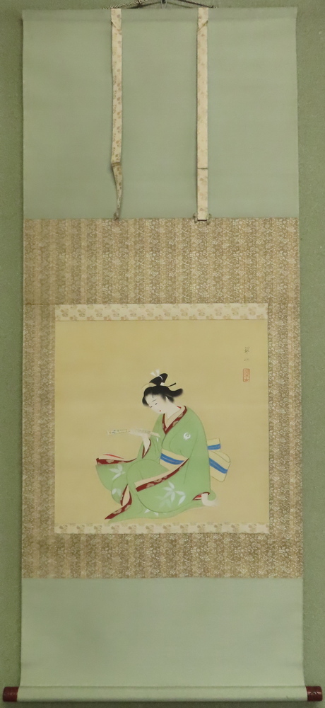 【こもれび】　掛軸★　三木翠山　『和歌をよむ佳人』　共箱　【美人画】