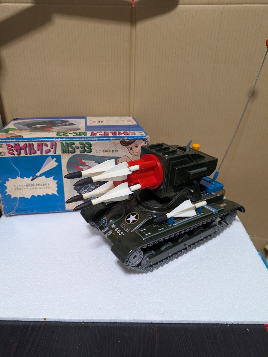 1970年代 昭和 当時物 マスダヤ 電動 ミサイルタンク MS-33 ブリキ 戦車 増田屋 不動 ミサイル6基付き MADE IN JAPAN ブリキ戦車 