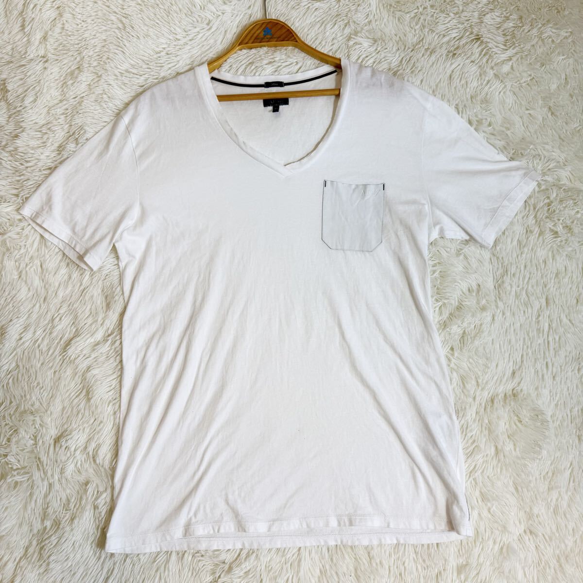 希少3XLサイズ　ARMANI JEANS アルマーニジーンズ　レザーポケット　ラムレザー　羊革　Tシャツ カットソー 白