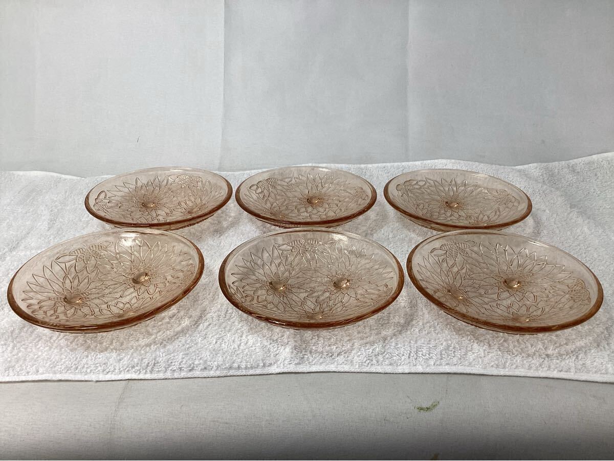 ガラス 足付き 小皿 6枚セット デザート皿 食器 花柄 レトロ 中古